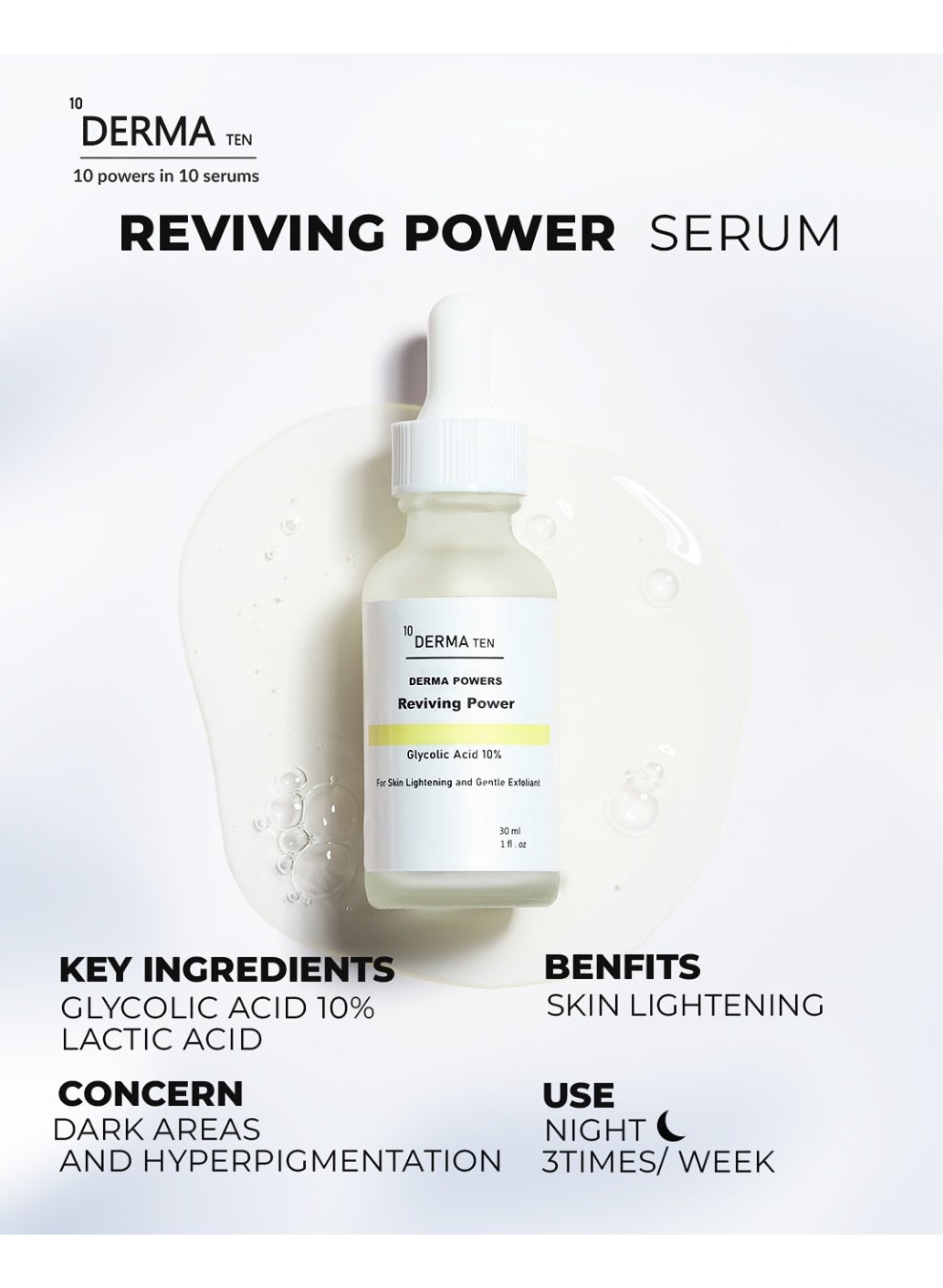 Derma10 Reviving Power serum (Glycolic acid 10%)