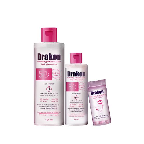Drakon® whitening Micellar water 500 ML + gift 100 ML +20 cotton makeup pads